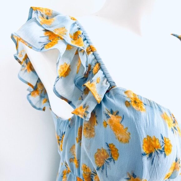 Lush Blue Yellow Floral Midi Dress Size Medium Flutter Sleeve Floral Tie Back - Picture 3 of 13